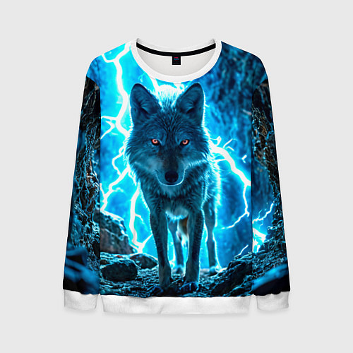 Мужской свитшот Волк в разрядах молнии / 3D-Белый – фото 1
