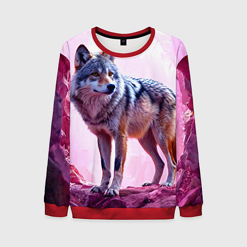 Мужской свитшот Волк в розовом / 3D-Красный – фото 1