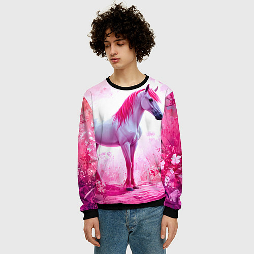 Мужской свитшот Белая лошадь с розовой гривой / 3D-Черный – фото 3