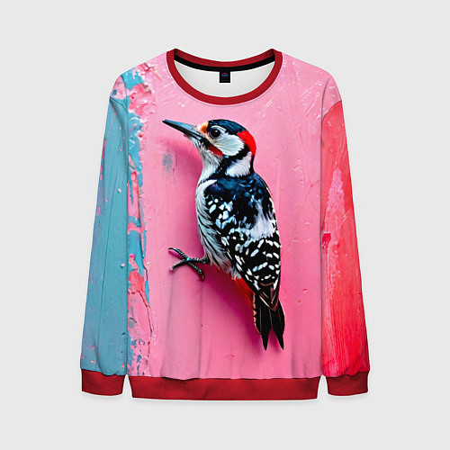Мужской свитшот Дятел на розовой стене / 3D-Красный – фото 1
