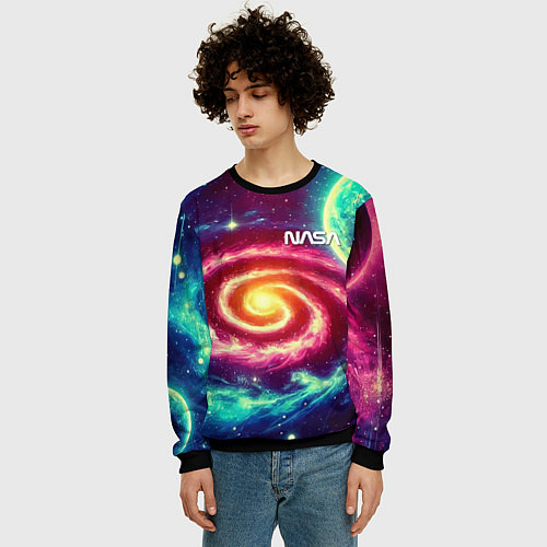 Мужской свитшот Spiral galaxy - neon glow / 3D-Черный – фото 3
