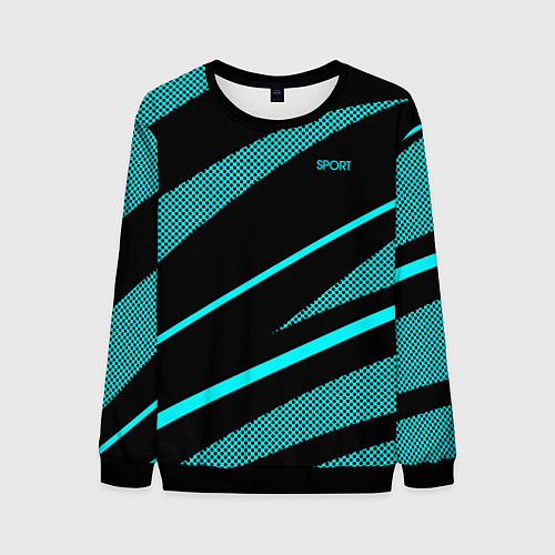 Мужской свитшот Sport чёрный и неоновый голубой абстракция с полос / 3D-Черный – фото 1