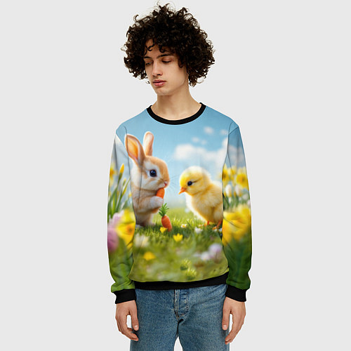 Мужской свитшот Кролик и цыпленок встречают Пасху / 3D-Черный – фото 3