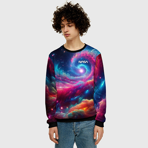 Мужской свитшот Неоновая галактическая спираль - нейроарт / 3D-Черный – фото 3