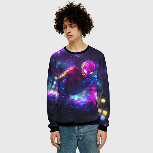 Мужской свитшот Человек-паук неоновый свет / 3D-Черный – фото 3
