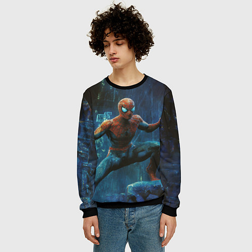 Мужской свитшот Человек - паук в ночном городе / 3D-Черный – фото 3