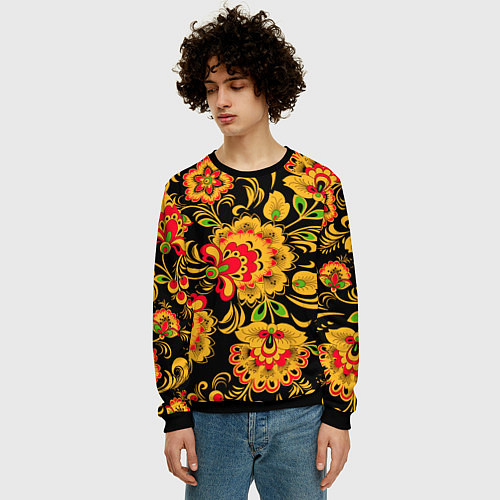 Мужской свитшот Хохлома - роспись / 3D-Черный – фото 3