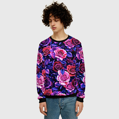 Мужской свитшот Разноцветные цветы - синие розы паттерн / 3D-Черный – фото 3