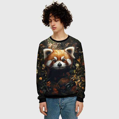 Мужской свитшот Красная панда в лесной чаще / 3D-Черный – фото 3