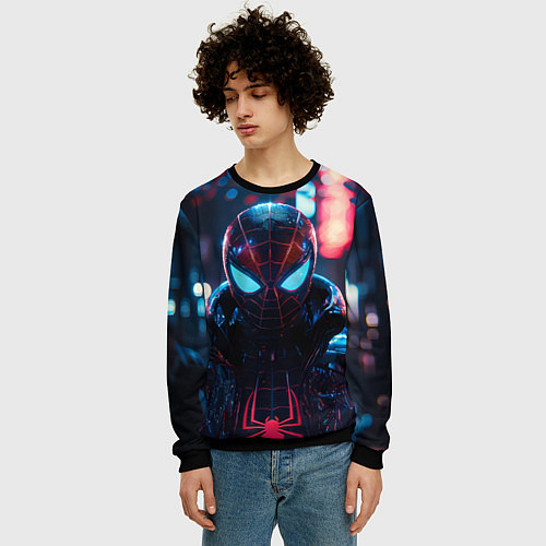 Мужской свитшот Человек-паук в вечернем городе / 3D-Черный – фото 3