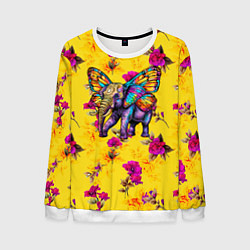 Свитшот мужской Слон с крыльями бабочки на цветочном фоне, цвет: 3D-белый