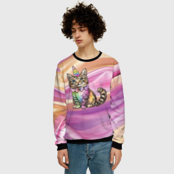 Свитшот мужской Котенок в костюме единорога, цвет: 3D-черный — фото 2