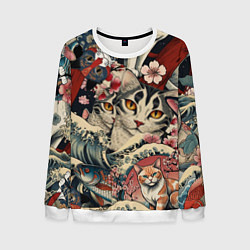 Свитшот мужской Котики и рыбки в сакуре, цвет: 3D-белый