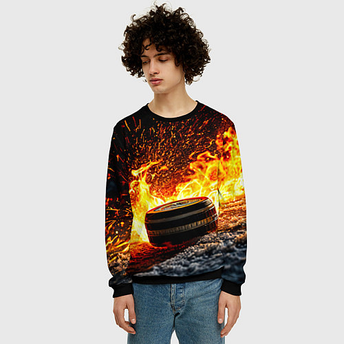 Мужской свитшот Шайба в огне / 3D-Черный – фото 3