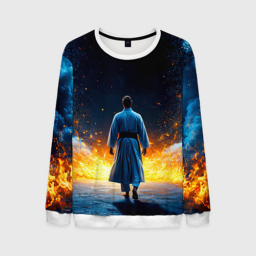 Мужской свитшот Айкидоист в огне и синий дым / 3D-Белый – фото 1