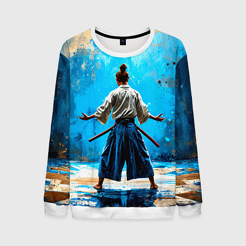 Мужской свитшот Боец айкидо на синем / 3D-Белый – фото 1