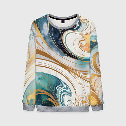 Мужской свитшот Аквамарин и оранж узор с завитками / 3D-Меланж – фото 1