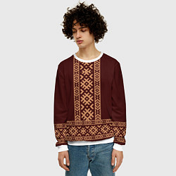 Свитшот мужской Золотой узор на бордовом - вышиванка рубаха, цвет: 3D-белый — фото 2