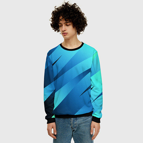 Мужской свитшот Сине-голубой абстрактные полосы / 3D-Черный – фото 3