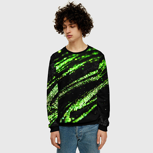 Мужской свитшот Зеленые блестки на черном / 3D-Черный – фото 3
