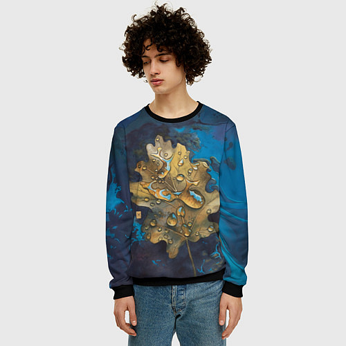 Мужской свитшот Осенний лист с каплями акварельный - крупный арт / 3D-Черный – фото 3