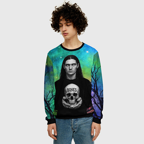 Мужской свитшот Bones без зрачков держит череп в руках / 3D-Черный – фото 3