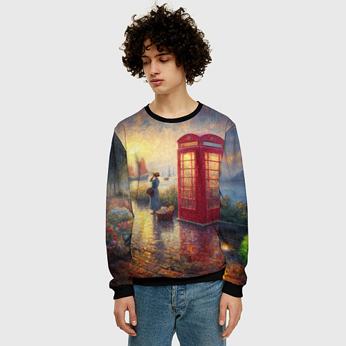 Мужской свитшот Женщина у телефонной будки на набережной / 3D-Черный – фото 3