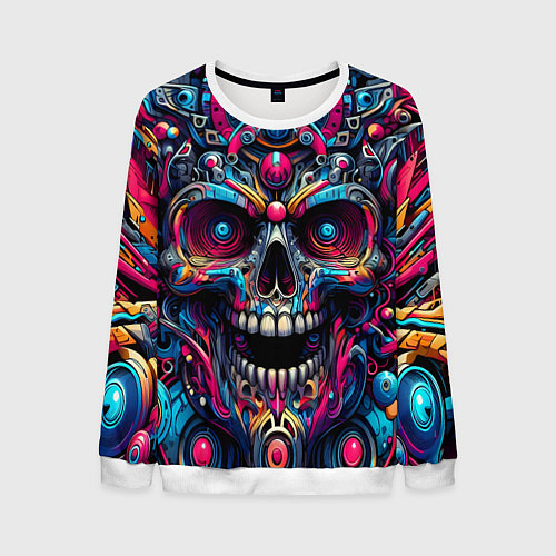 Мужской свитшот Colorful cyber skull - pattern / 3D-Белый – фото 1