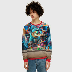 Свитшот мужской Крокодилёныш крутой скейтбордист - киберпанк, цвет: 3D-красный — фото 2