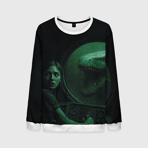 Мужской свитшот На батискаф с девушкой нападает Тилозавр ужасы / 3D-Белый – фото 1