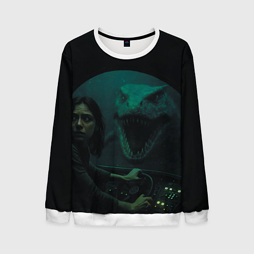 Мужской свитшот Тилозавр нападает на батискаф с девушкой ужасы / 3D-Белый – фото 1