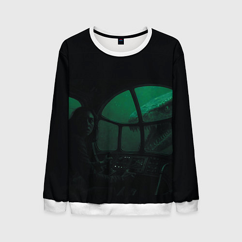 Мужской свитшот Нападение Тилозавра на девушку в батискафе ужасы / 3D-Белый – фото 1