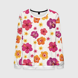 Свитшот мужской Тропический букет - узор с яркими гибискусами и ор, цвет: 3D-белый