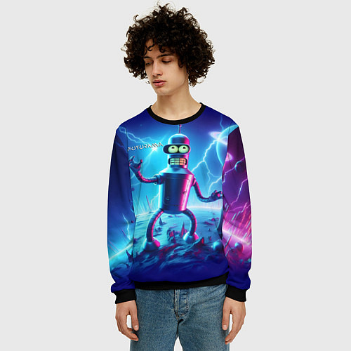 Мужской свитшот Bender on neon planet - ai art fantasy / 3D-Черный – фото 3