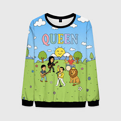 Свитшот мужской Queen мультяшный стиль на поляне, цвет: 3D-черный