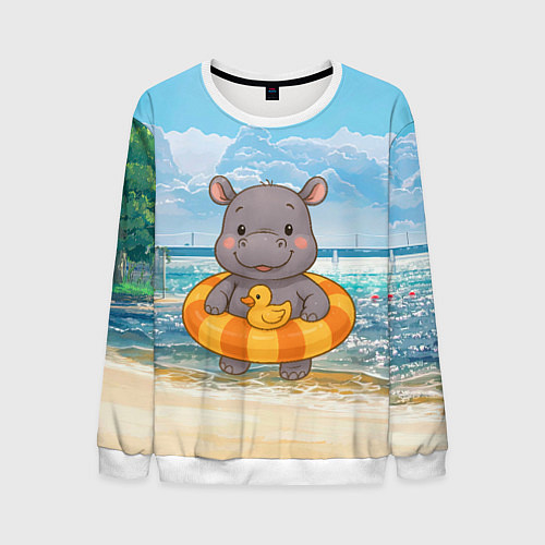 Мужской свитшот Бегемотик в плавательном круге с уточкой / 3D-Белый – фото 1