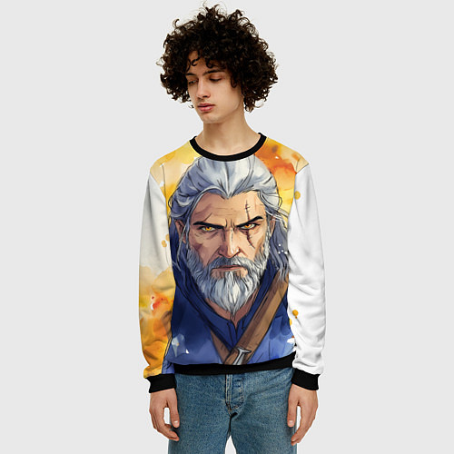 Мужской свитшот Ведьмак нарисованный красками / 3D-Черный – фото 3