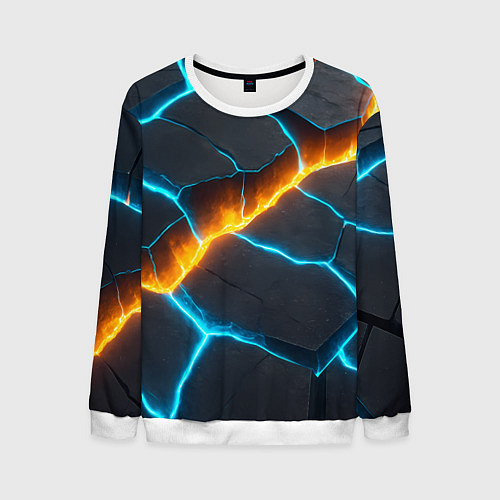 Мужской свитшот Оранжевая лава из синих неоновых плит / 3D-Белый – фото 1