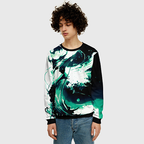 Мужской свитшот Чёрно-зелёный абстракция волна / 3D-Черный – фото 3