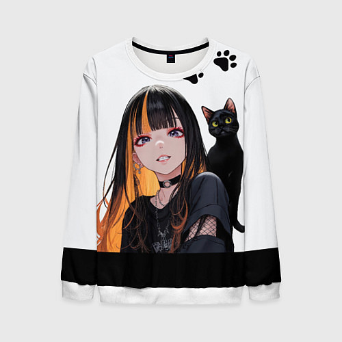 Мужской свитшот Девушка и кот / 3D-Белый – фото 1