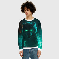Свитшот мужской Волк с зелеными глазами с молниями, цвет: 3D-белый — фото 2