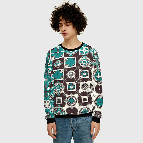 Мужской свитшот Бирюзово-коричневая геометрическая текстура / 3D-Черный – фото 3