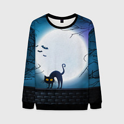 Мужской свитшот Полнолуние и черный кот - жуткий Хэллоуин