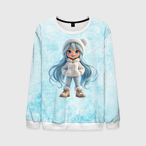 Мужской свитшот Девочка-зима с синими волосами / 3D-Белый – фото 1