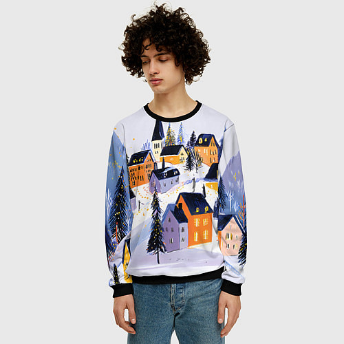 Мужской свитшот Новогодние домики на горе / 3D-Черный – фото 3