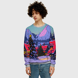 Свитшот мужской Новогодние елки в горном городке, цвет: 3D-меланж — фото 2