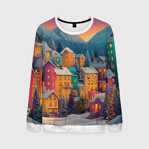 Мужской свитшот Новогодний город в горах / 3D-Белый – фото 1
