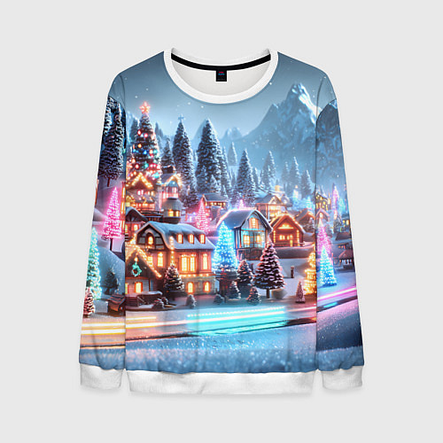 Мужской свитшот Городок в новогодних огоньках / 3D-Белый – фото 1