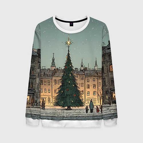 Мужской свитшот Новогодняя елка во дворе / 3D-Белый – фото 1
