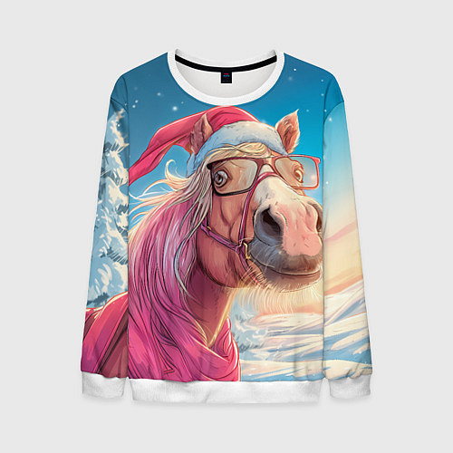 Мужской свитшот Новогодняя лошадь в очках / 3D-Белый – фото 1